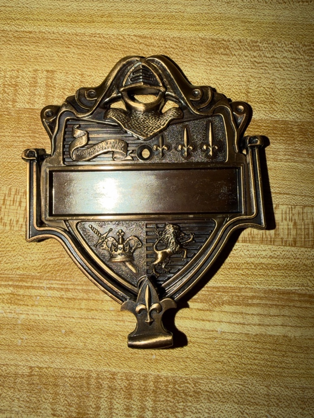 Vintage BRASS DOOR KNOCKER Coat-of-Arms, Knight, Lions Rustic Bronze Metal